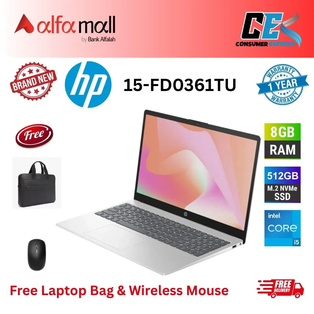 HP 15FD0361TU Laptop 13th Gen Core i51334U, 8GB DDR4, 512GB SSD, Intel Iris Xe Graphics, 15.6" FHD, Win11 (New, Official Warranty) Free Bag & Mouse