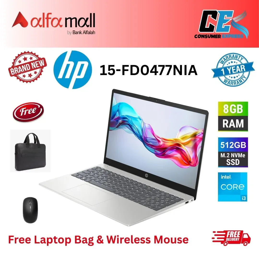 HP 15 FD0477NIA 13th Gen Intel Core i3 1315U Processor 8GB DDR4 Ram 512GB SSD 15.6? FHD (1920 x 1080) BLKB Silver (New, 1Yr Internial Warranty) Free Bag & Mouse