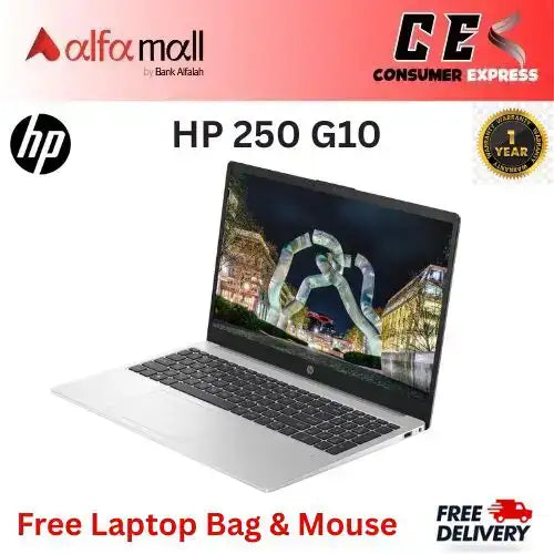 HP 250 G10 Intel Core i51335U 13th Generi, 8GB Ram DDR4, 512GB SSD NVMe, Intel Iris Xe Graphics, 15.6" FHD (1920x1080) Backlit KB, FPR, Nural Silver, With Bag (1 Year Official Warranty)