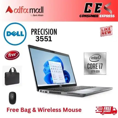Dell Precisi551 Corei710th Gen 16 GB RAM 256 GB SSD NVIDIA QUADRO P620 4 GB CARD 15.6 Inch Display (Like New) Free Bag & Mouse