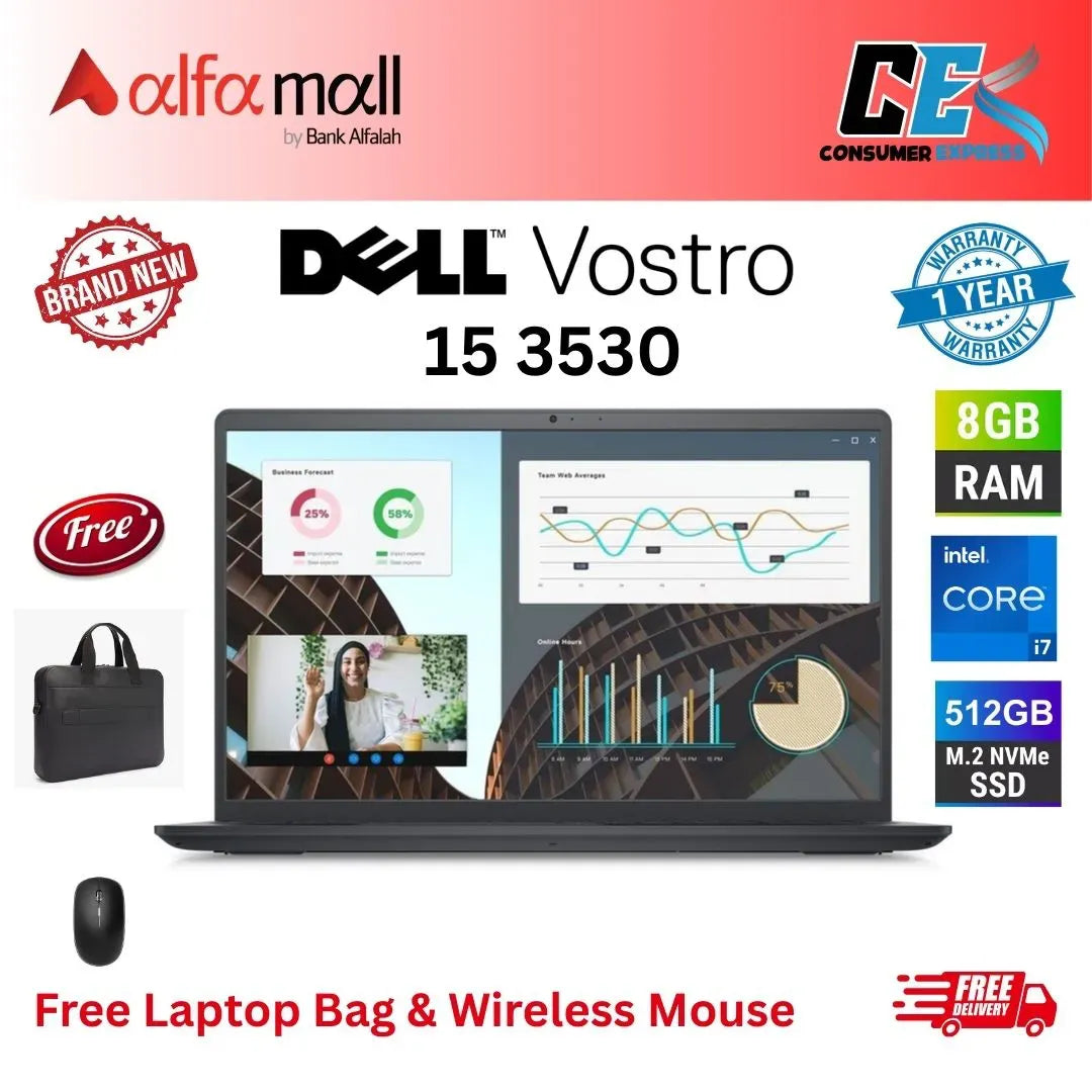 Dell Vostro 15 3530 Laptop 13th Gen Core i71355U, 8GB DDR4, 512GB SSD, Intel Iris Xe Graphics, 15.6" FHD 120Hz Display, Ubuntu (New, 1Yr Internial Warranty) Free Bag & Mouse