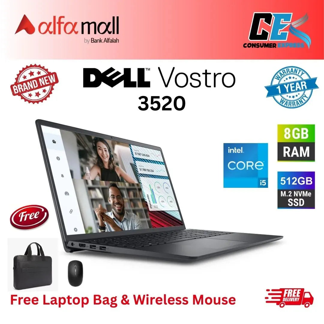 Dell Vostro 3520 Intel Core i5 12th Gen 8GB Ram 512GB SSD 15.6Inch Full HD Dos New (Int Warranty) Free Bag & Mouse