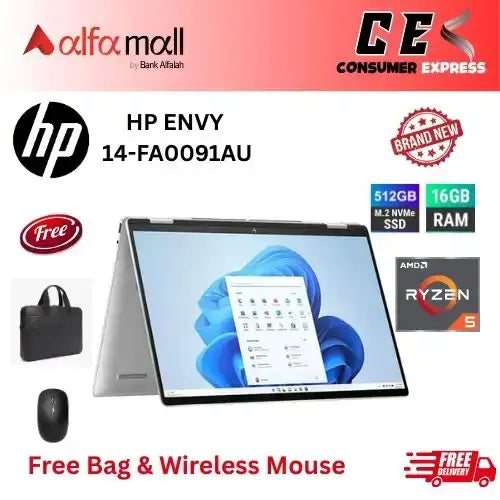 HP ENVY 14FA0091AU x360 AMD Ryzen 5 8640HS 16GB RAM LPDDR5 512GB SSD 14Inch Diagal, 2K Touch Win11 Glacier Silver (New, Official Warranty) Free Bag & Mouse