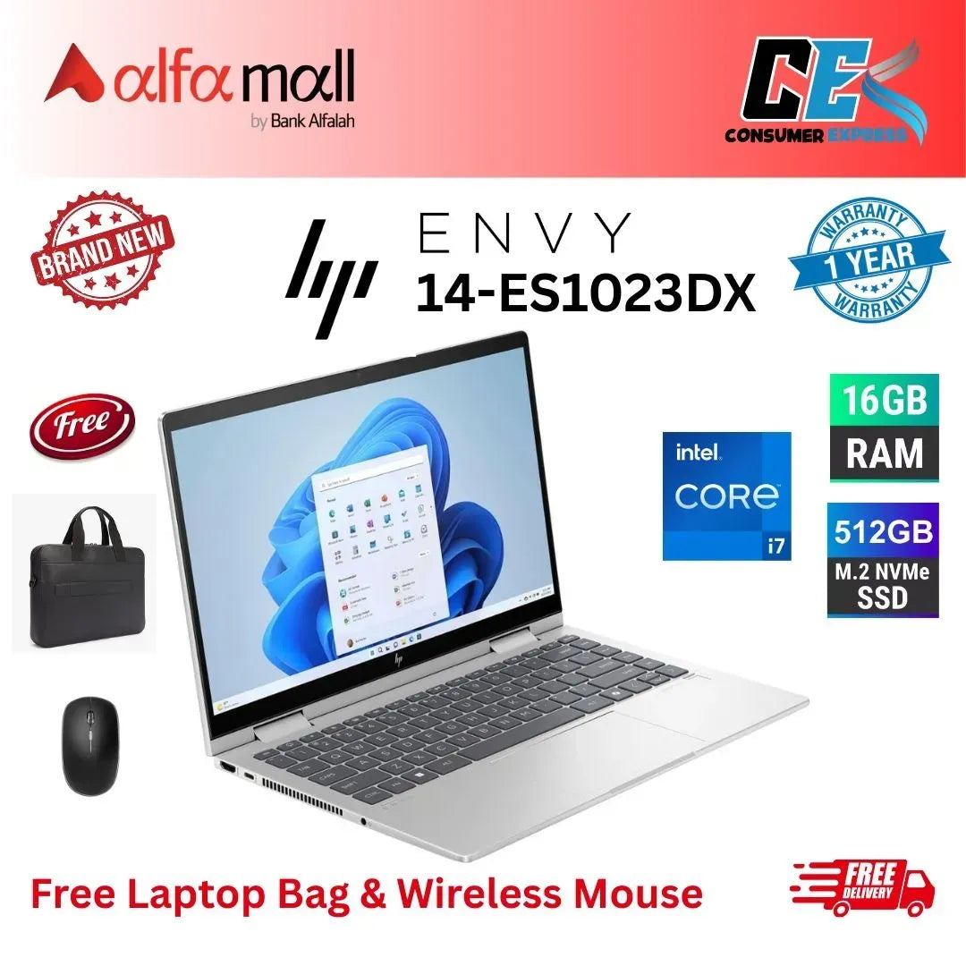 HP ENVY x360 2in1 14ES1023DX Laptop Intel Core 7 processor 150U 16GB 512GB SSD Backlit KB FPR 14" FHD Touchscreen Windows 11 Nural Silver (New, 1Yr Internial Warranty) Free Bag & Mouse