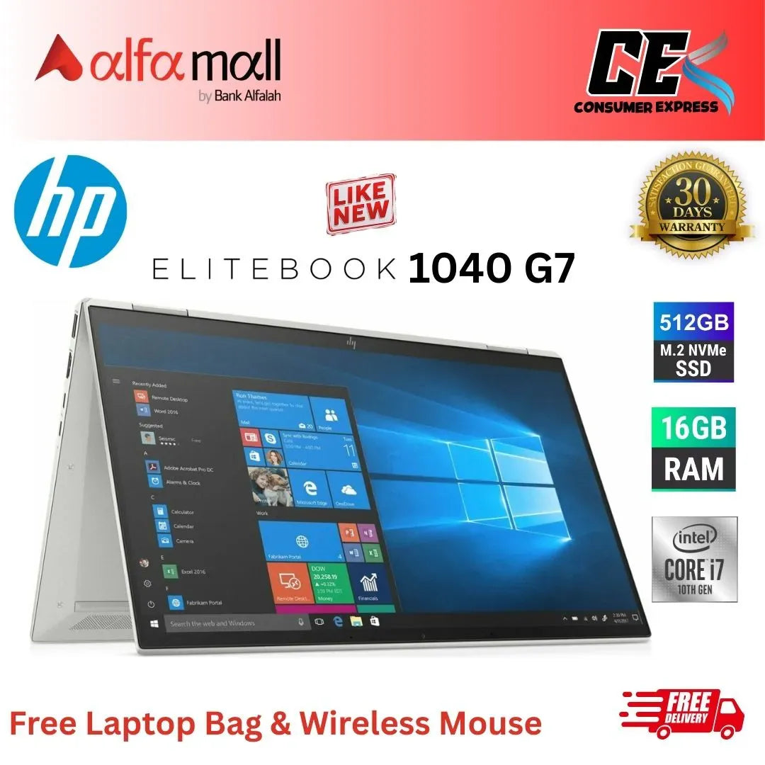 HP EliteBook 1040 G7 2in1 x360 Corei710th Gen 16 GB RAM 512 GB SSD 14 Inch Touchscreen Display (Like New) Free Laptop Bag & Mouse