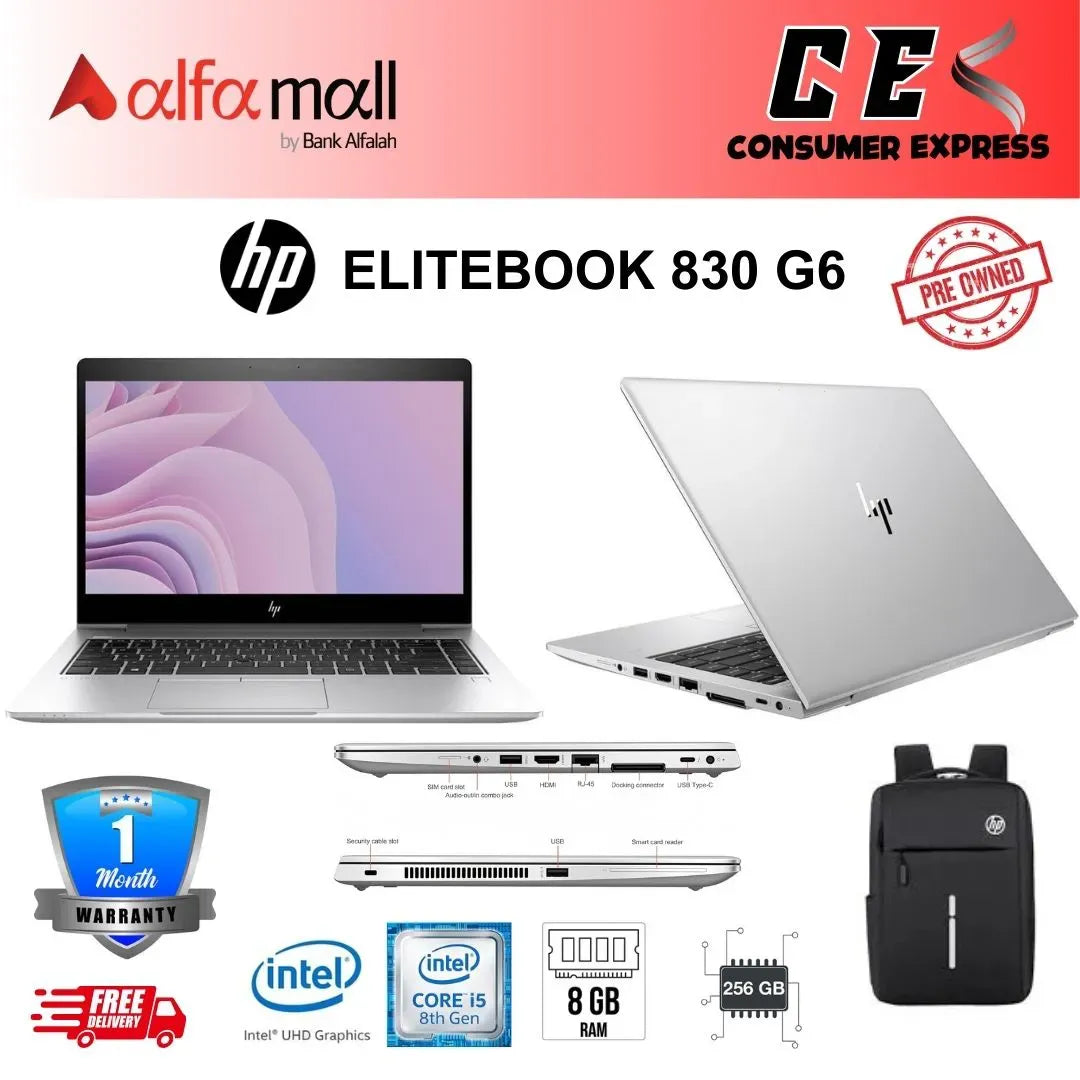 HP EliteBook 830 G6 LaptopIntel Core i58365U 1.60 GHz to 4.10 GHz, Display 13.3" FHD(1920x1080), , 8GB DDR4 RAM, 512GB SSD, CAM, Backlit Keyboard, Fingerprint Reader, Windows 10 Pro With Free Bag (Preowned)
