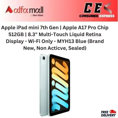 Apple iPad mini 7th Gen | Apple A17 Pro Chip 512GB | 8.3" Multi-Touch Liquid Retina Display - Wi-Fi Only - MYH13 Blue (Brand New, Non Acticve, Sealed) -