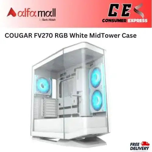 COUGAR FV270 RGB MidTower E-ATX Case, 420mm GPU Supported,Build-in ARGB PWM Fans (RGB, White)