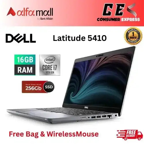 DELL Litude 5410 Core i7 10th Generi 16GB Ram 256GB Hard Drive 14 Inch Display (Like New) Free Laptop Bag & Mouse
