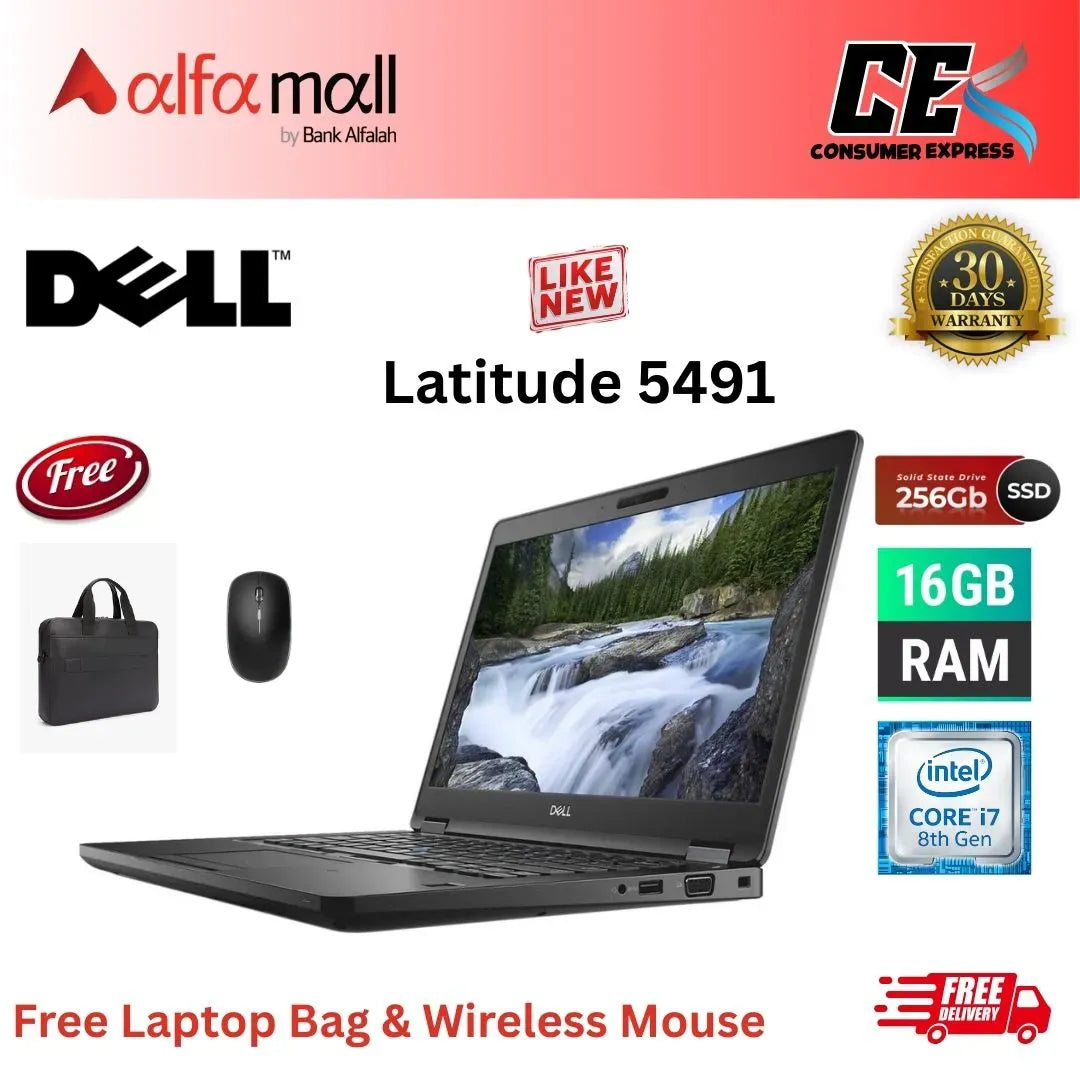 DELL Litude 5491 Intel Core i78th Gen 16GB RAM 256GB SSD 14 Inch Display (Like New) Free Laptop Bag & Mouse
