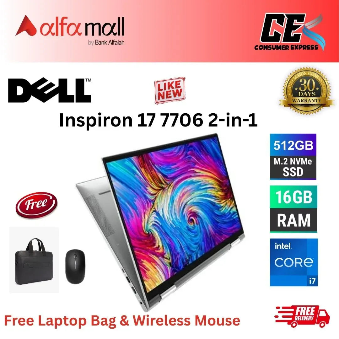 Dell Inspir 17 7706 2in1 Laptop Corei711th Gen 16GB RAM 512GB SSD NVIDIA GeForce MX350 Graphics Card 17 Inch Display (Like New) Free Laptop Bag & Mouse