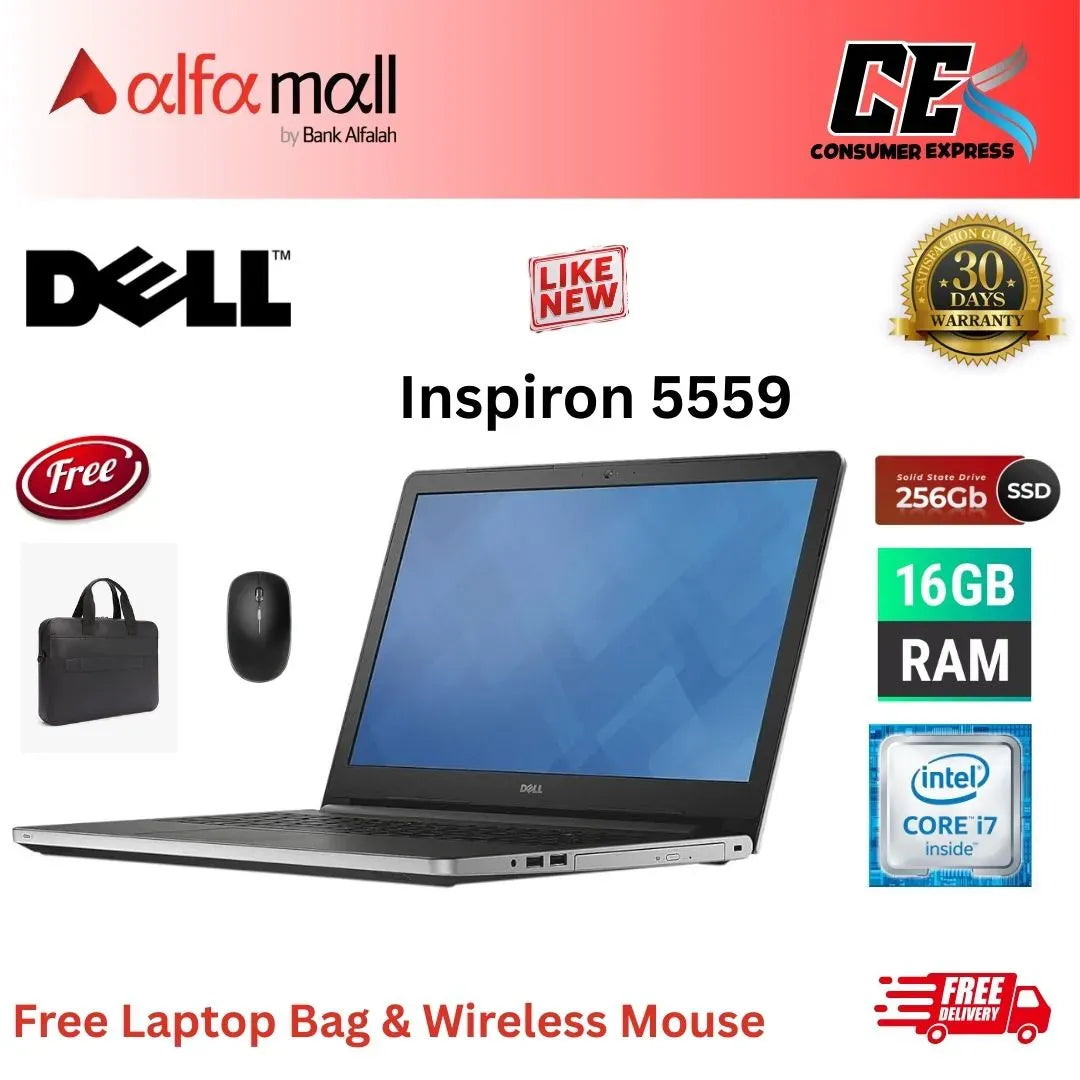 Dell Inspir 5559 Corei76th Gen 16GB RAM 256GB SSD AMD Rade R5 M335 4GB Graphics Card 15.6 Inch Display (Like New) Free Laptop Bag & Mouse