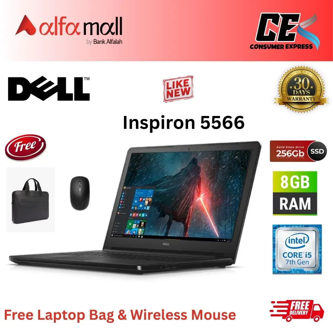 Dell Inspir 5566 Corei57th Gen 8GB RAM 256GB SSD 15.6 Inch Display (Like New) Free Laptop Bag & Mouse
