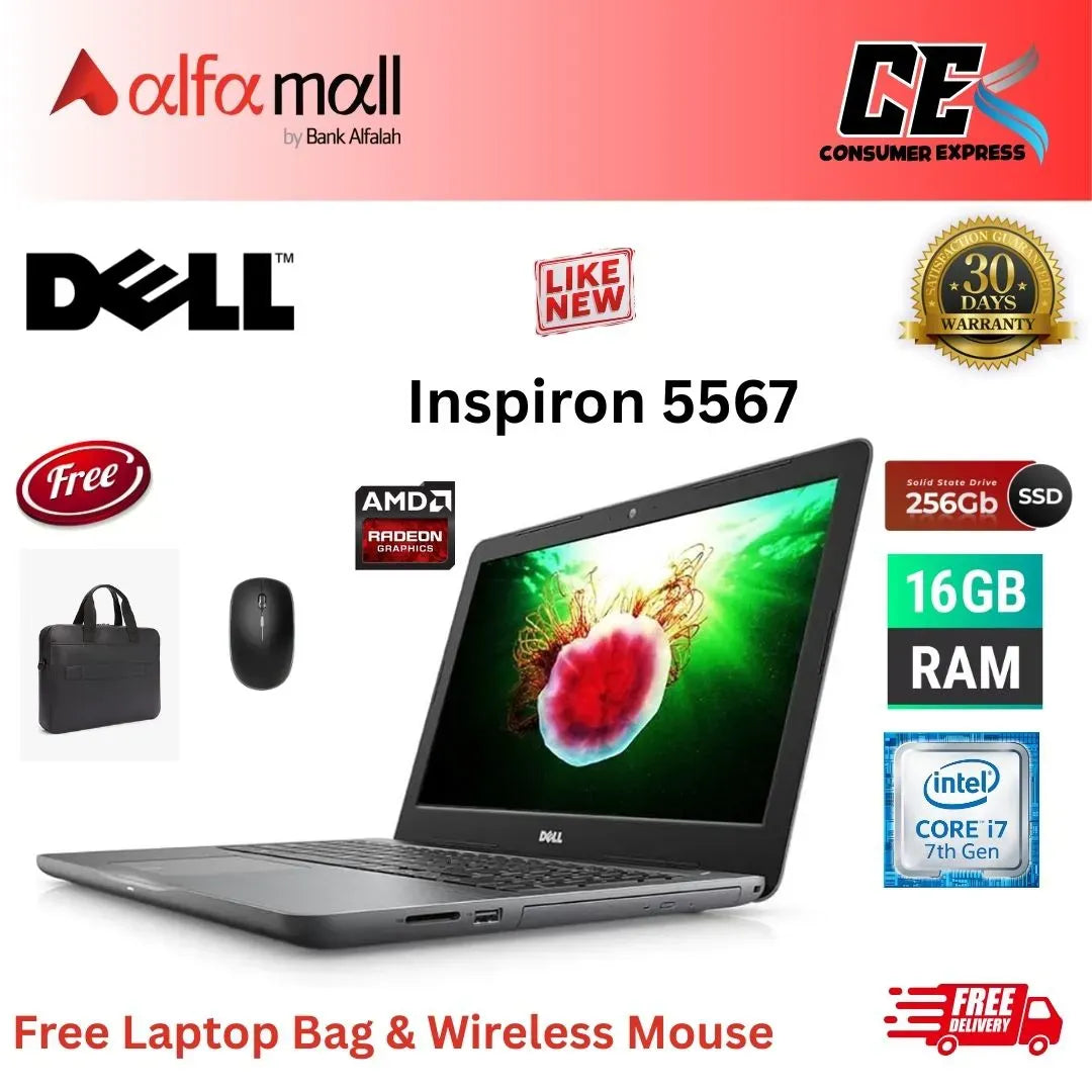 Dell Inspir 5567 Corei77th Gen 16GB RAM 256GB SSD AMD Rade M440 4GB Graphics Card 15.6 Inch Display (Like New) Free Laptop Bag & Mouse