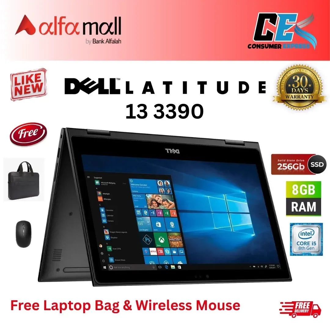 Dell Litude 13 3390 Corei5 8th Gen 8GB RAM 256GB SSD 2 in 1 13 Inch Display (Like New) Free Laptop Bag & Mouse