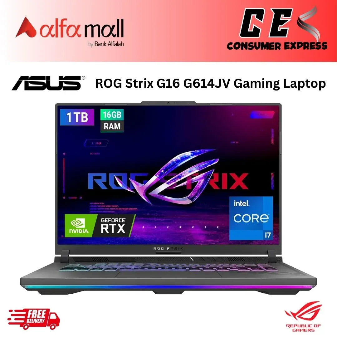 ASUS ROG Strix G16 G614JV Raptor Lake 13th Gen Core i7 13650HX Processor 16GB 1TB SSD 8GB NVIDIA GeForce RTX4060 GDDR6 GC 16" WUXGA FHD 165Hz GSync Display RGB Backlit KB Dolbymos Sound (Eclipse Grey, New)