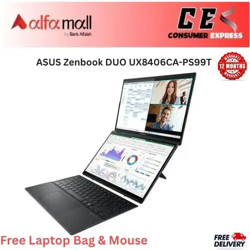 ASUS Zenbook DUO UX8406CAPS99T Core Ultra 9 285H, 32GB RAM, 1TB SSD, Intel Arc, 14Inch 3K OLED Dual Touch, Inkwell Grey (Brand New, 1 Year Warranty)