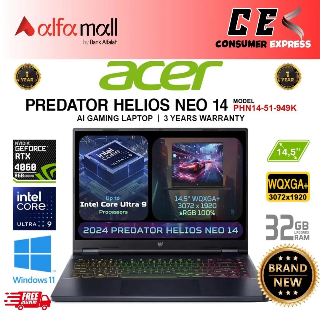 Acer Predor Helios Neo 14 PHN1451 Gaming Laptop Core Ultra 9 Processor 185H 32GB RAM 1TB SSD NVIDIA GeForce RTX 4060 8GB GDDR6 14.5" WQXGA+ 165Hz NVIDIA (2 Years Local Warranty)