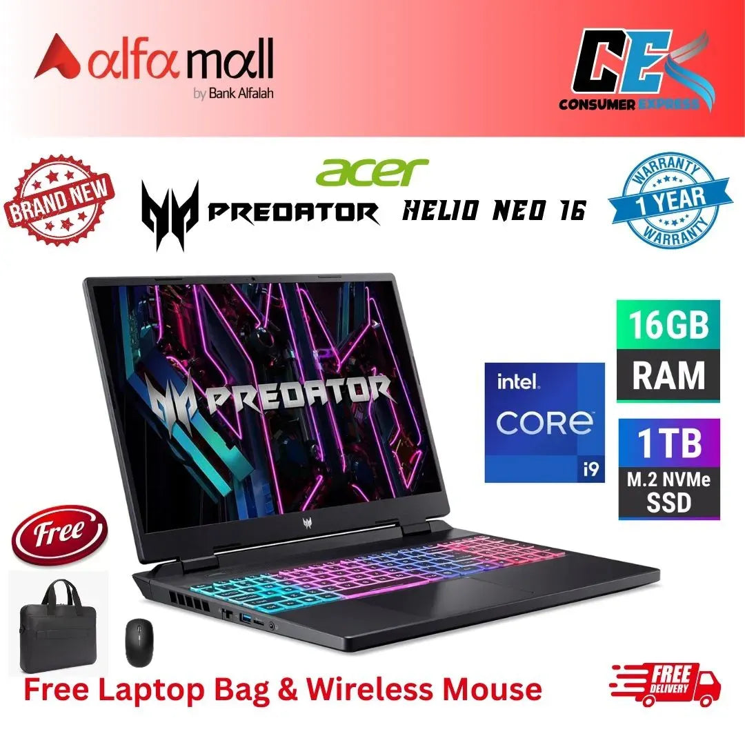 Acer Predor Helios Neo 16 PHN167299PA Gaming Laptop Intel Core i914900HX 16GB DDR5 1TB SSD NVIDIA GeForce RTX 4060 8GB 16Inch IPS Display Abyssal Black Win11 (New, 1Yr Internial Warranty) Free Bag & Mouse