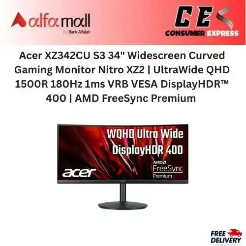 Acer XZ342CU S3 34" Widescreen Curved Gaming Mitor Nitro XZ2 UltraWide QHD 1500R 180Hz 1ms VRB VESA DisplayHDR 400 AMD FreeSync Premium