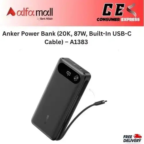 Anker Power Bank (20K, 87W, Built-In USB-C Cable) – A1383 -