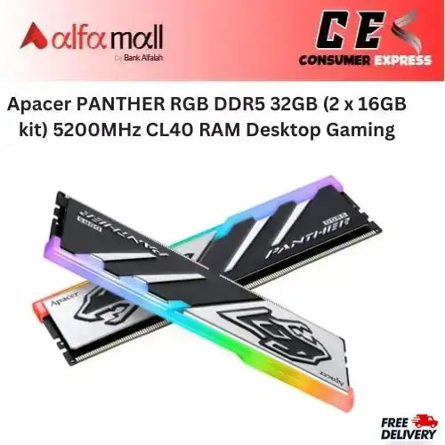 Apacer PANTHER RGB DDR5 32GB (2 x 16GB kit) 5200MHz CL40 RAM Desktop Gaming Memory - Dual Module - AH5U32G52C5229BAA-2 - Intel XMP 3.0, AMD EXPO