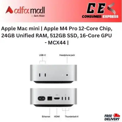 Apple Mac mini | Apple M4 Pro 12-Core Chip, 24GB Unified RAM, 512GB SSD, 16-Core GPU - MCX44 | 1-Year Warranty | All in One | Free Mouse -