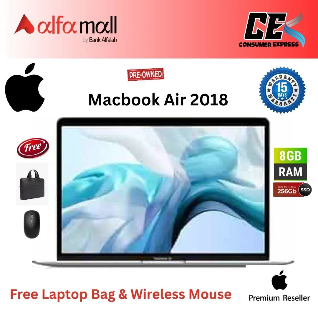 Apple MacBook Air 2018 1.6GHz Intel Core i5 (13inch, 8GB RAM, 256GB SSD Storage) Silver (Like New) (Free Bag & Mouse)