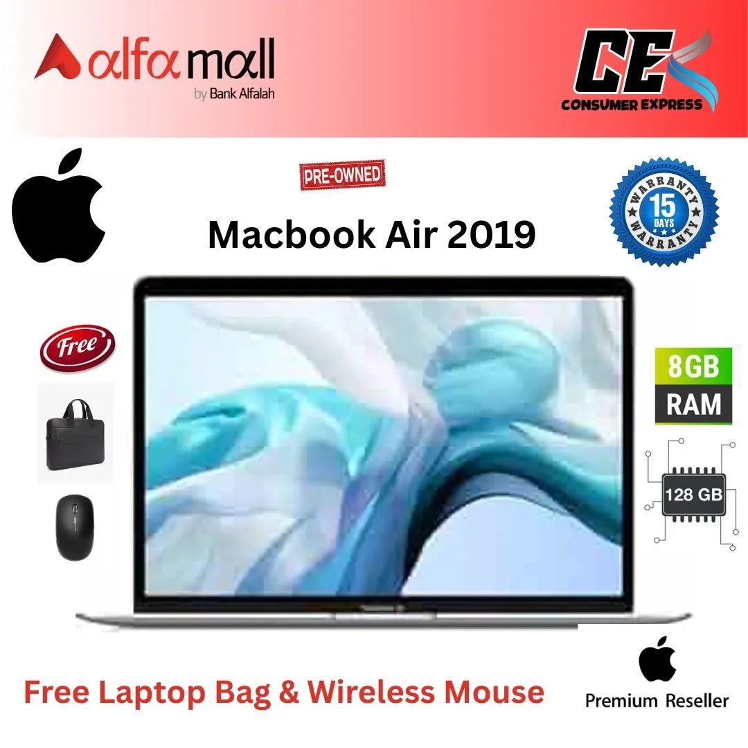 Apple MacBook Air 2019, 13 Inches 1.6GHz dualcore Intel Core i5, 8GB RAM, 128GB Silver (Like New) (Free Bag & Mouse)