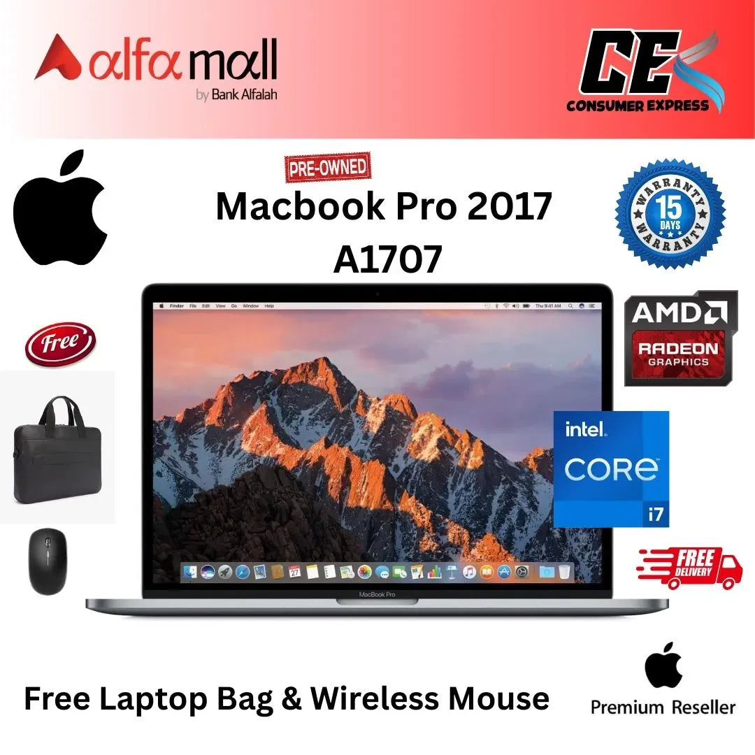 Apple MacBook Pro 2017 A1707 Core i7 16GB Ram 500GB SSD Flash Storage 4GB AMD Rade Graphics Touch Bar Touch ID 15.4 inch Retina Mac iOS Ventura With Charger (Like New) (Free Bag and Mouse)