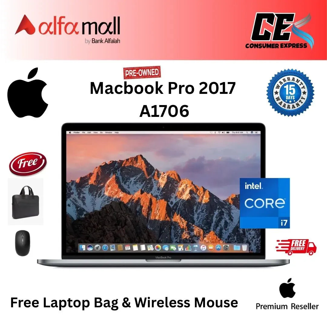 Apple MacBook Pro 2017 Model A1706 Core i7 3.5GHz 16GB Ram 500GB SSD Touch Bar Touch ID 13.3 inch Retina Mac iOS Ventura With Charger (Like New) (Free Bag and Mouse)