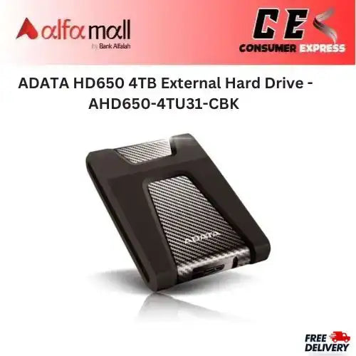 ADATA HD650 4TB External Hard Drive - AHD650-4TU31-CBK - Surface Protected - Black