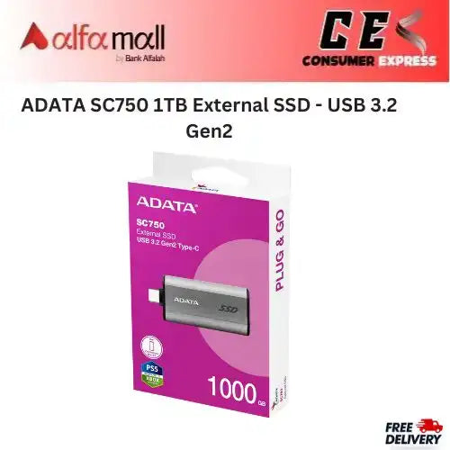 ADATA SC750 External SSD 1TB - USB 3.2 Gen2 - Up to 1,050 MB/s - Works with PS5