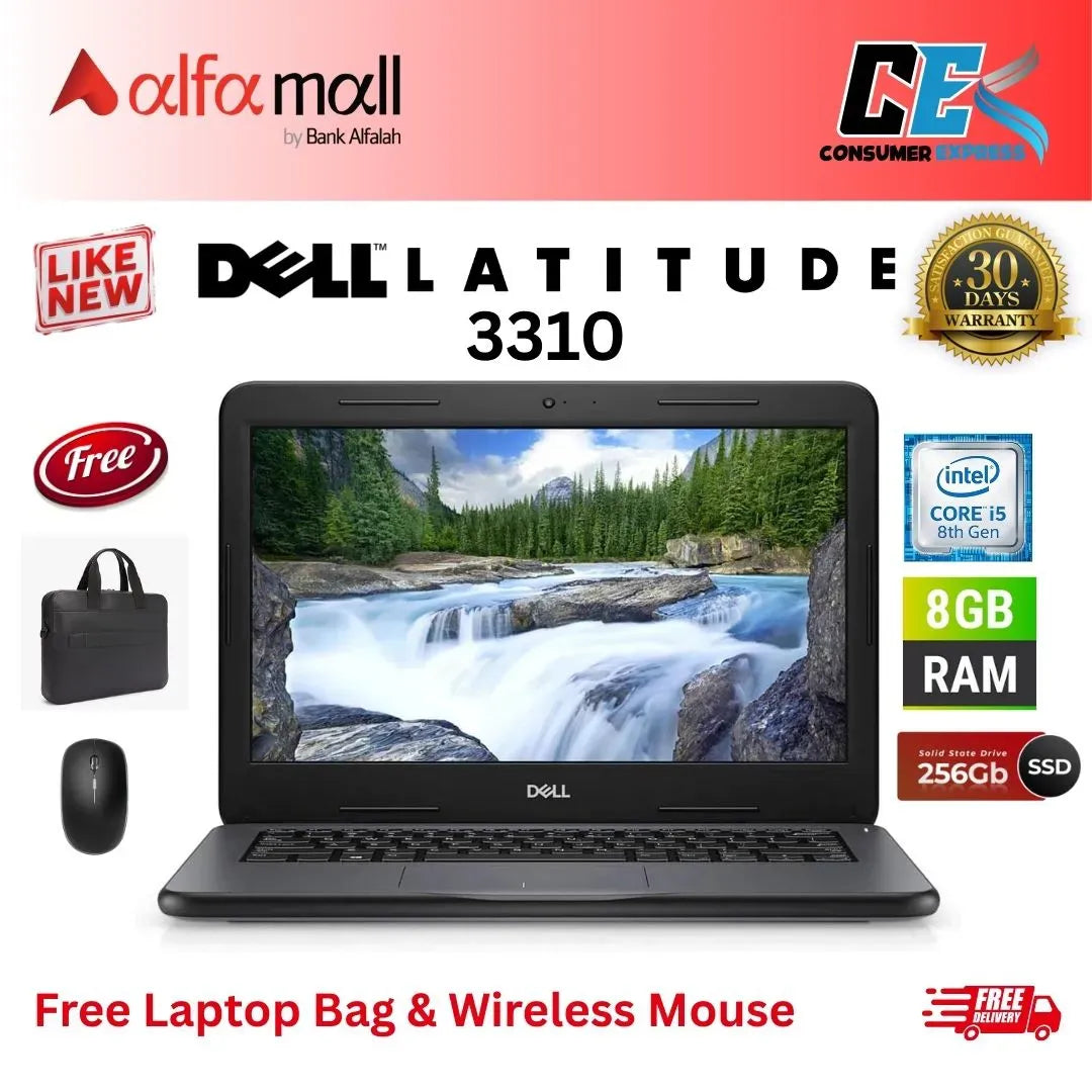 Dell Litude 3310 Corei58th Gen 8GB RAM 256GB SSD 13.3 Inch Display (Like New) Free Laptop Bag & Mouse
