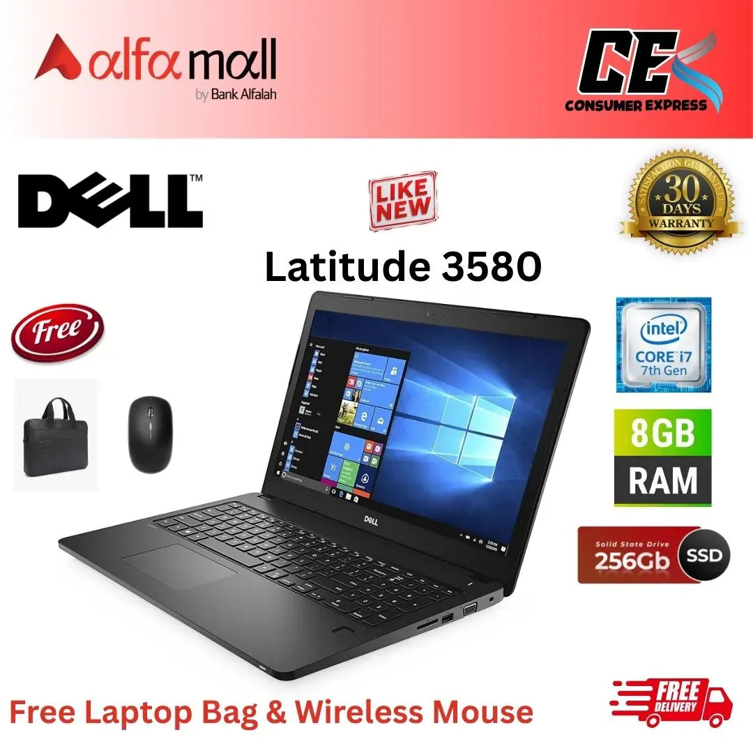 Dell Litude 3580 Corei77th Gen 8GB RAM 256GB SSD 15.6 Inch Display (Like New) Free Laptop Bag & Mouse