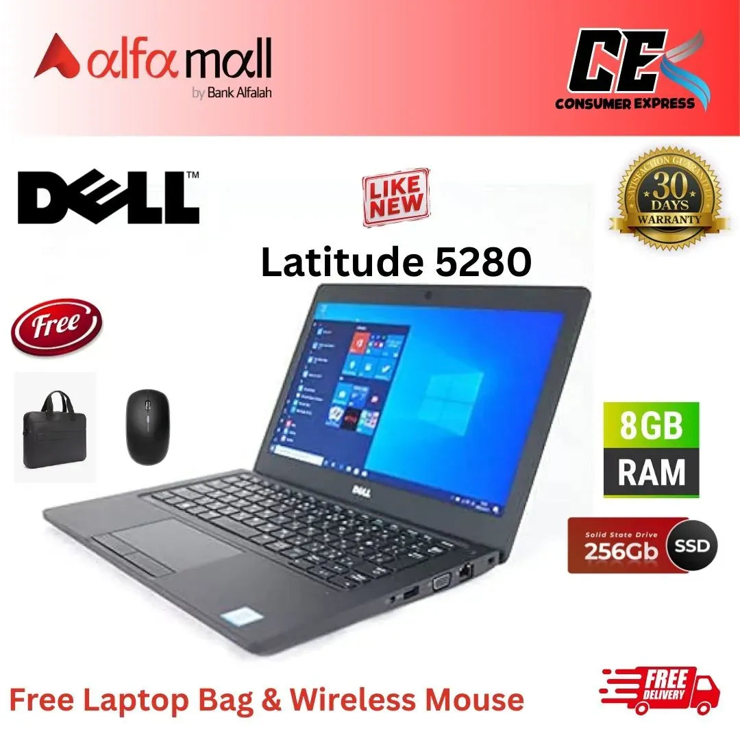 Dell Litude 5280 Corei57th Gen 8 GB RAM 256 GB SSD 12.5 Inch Display (Like New) Free Laptop Bag & Mouse