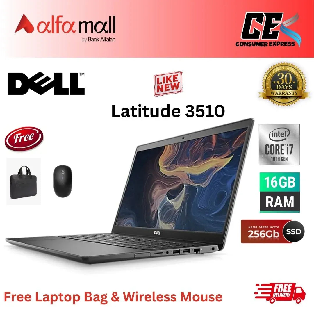 DELL Latitude 3510,Intel Core i7 10th Gen, 16GB RAM, 256GB SSD, 15.6 Inch Display, Free Bag & Hp Wireless Mouse (Like New) - (Other Bank)
