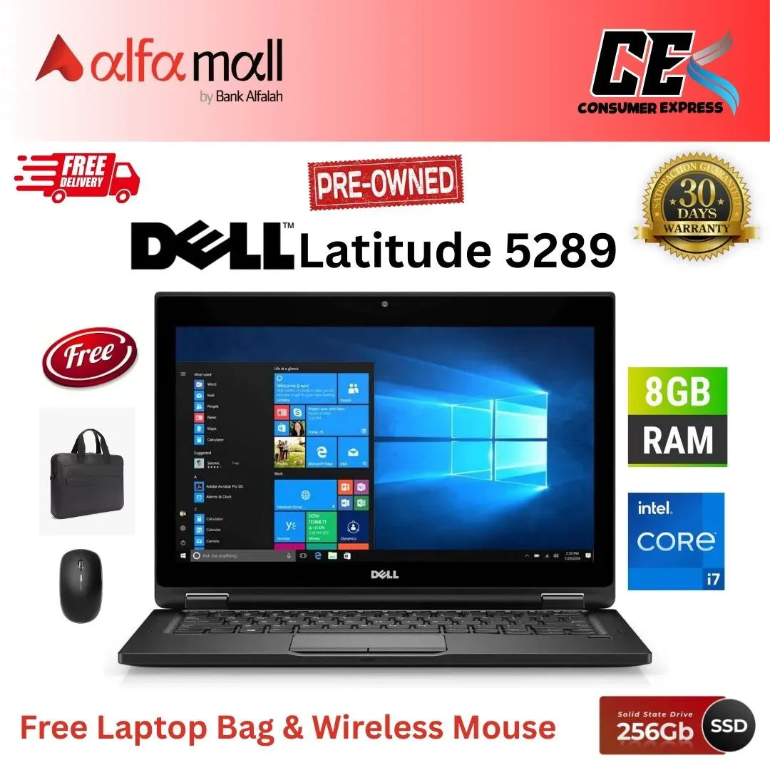 DELL Latitude 5289 2in1 ,Core i7 7th Gen, 8GB Ram, 256GB SSD, 12.5 Inch Touchscreen Display, Free Bag & Hp Wireless Mouse (Like New) - (Other Bank)