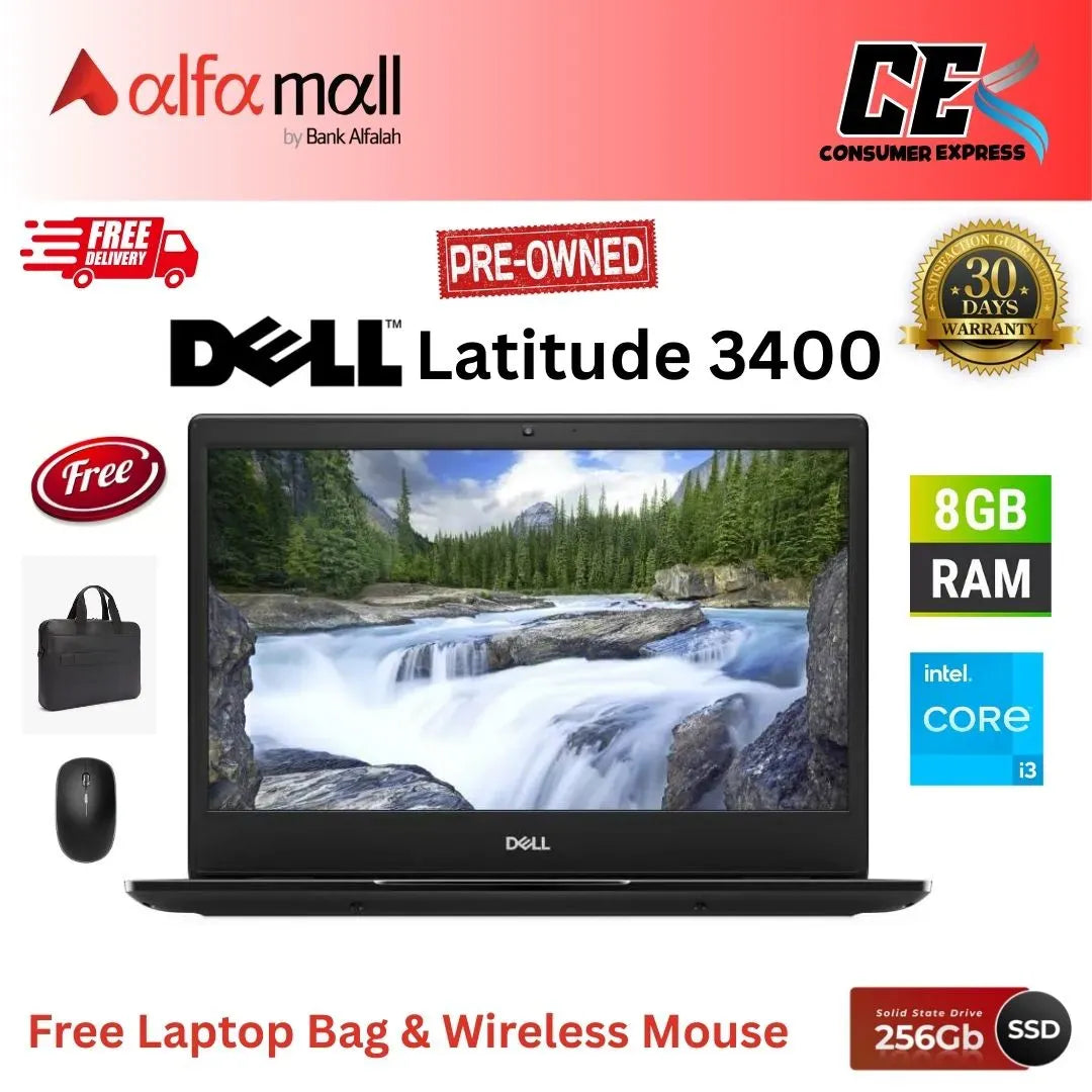 Dell Latitude 3400 ,Core i3 8th Gen, 8GB RAM, 256GB SSD, 14Inch HD Display, Free Bag & Hp Wireless Mouse (Like New) - (Other Bank)