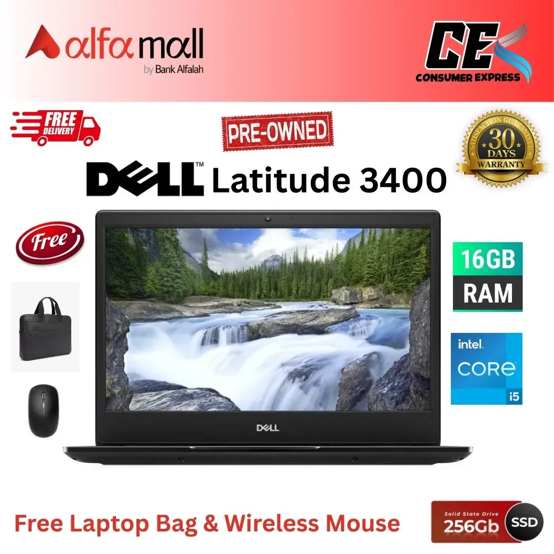 Dell Latitude 3400 ,Core i5 8th Gen, 16GB RAM, 256GB SSD, 14Inch HD Display, Free Bag & Hp Wireless Mouse (Like New) - (Other Bank)