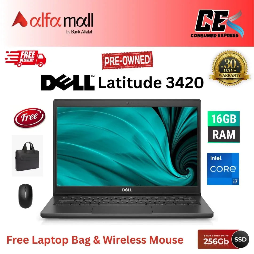 Dell Latitude 3420 , Intel Core i7-1165G7, 16GB RAM, 256GB SSD, 14 inch Display, Free Bag & Hp Wireless Mouse (Like New) - (Other Bank)