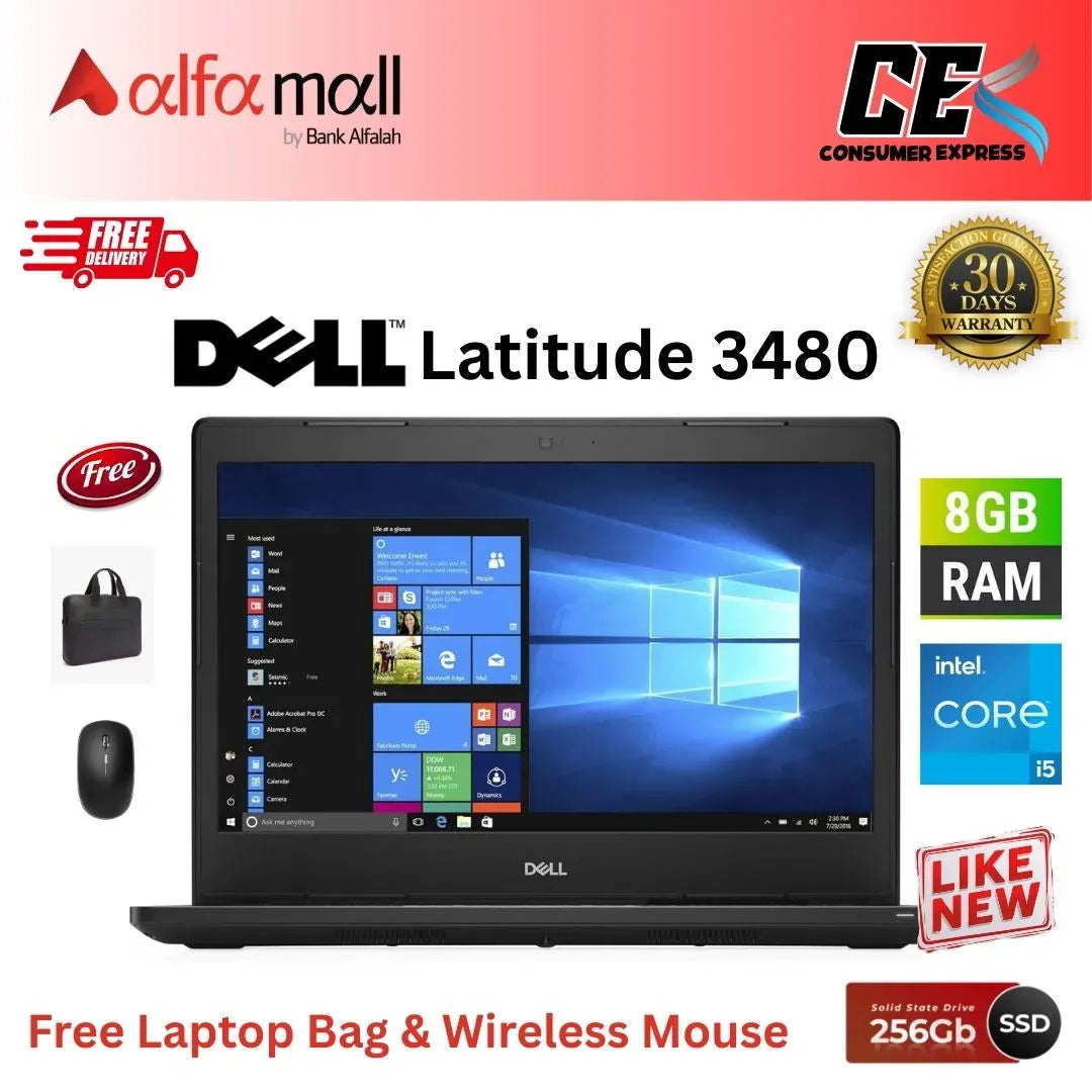 Dell Latitude 3480 ,Core i5 7th Gen, 8GB RAM, 256GB SSD, 14 Inch Display, Free Bag & Hp Wireless Mouse (Like New) - (Other Bank)