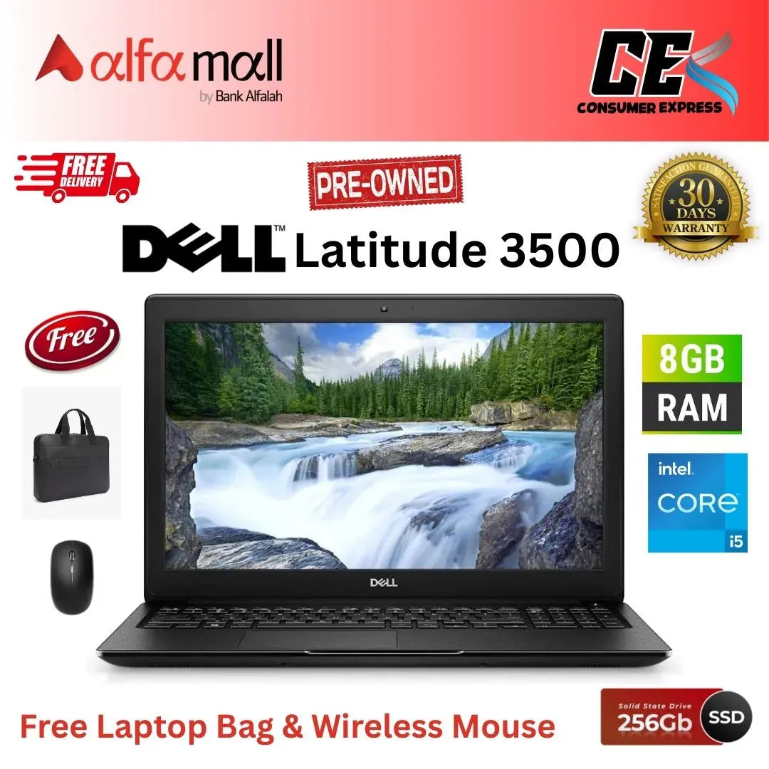 Dell Latitude 3500 ,Core i5-8th Gen, 8GB RAM, 256GB SSD, 15.6 Inch Display, Free Bag & Hp Wireless Mouse (Like New) - (Other Bank)