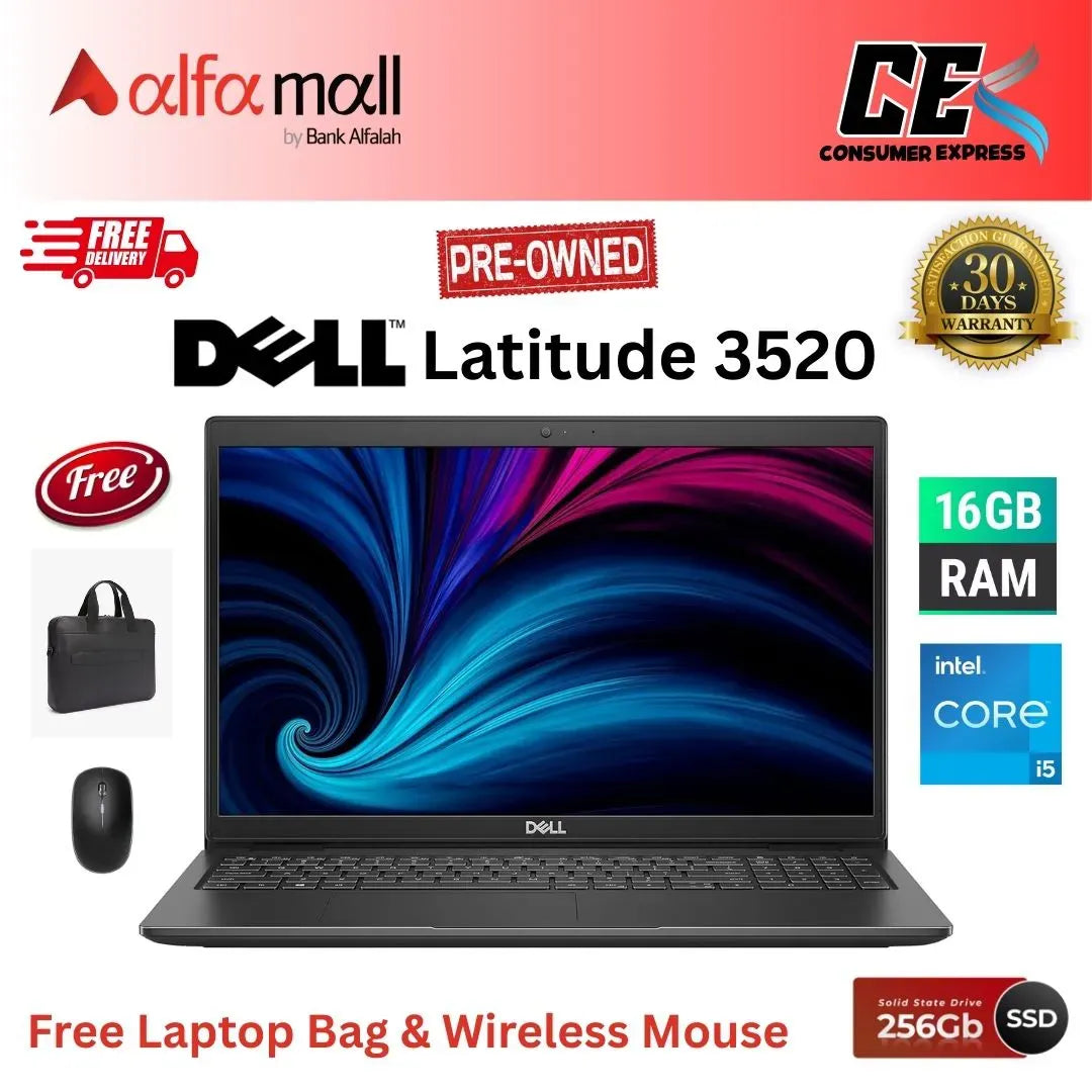 Dell Latitude 3520 ,Core i5-11th Gen, 16 GB RAM, 256 GB SSD, 15.6 Inch Display, Free Bag & Hp Wireless Mouse (Like New) - (Other Bank)