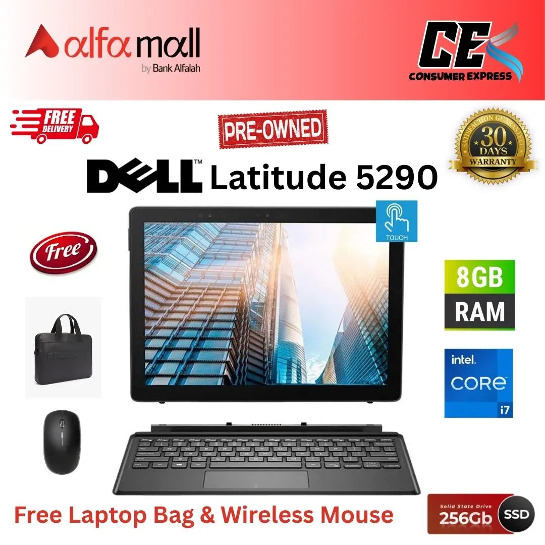 Dell Latitude 5290 2in1 ,Core i7-8th Gen, 8 GB RAM, 256 GB SSD, Detachable 12.3Inch Display, Free Bag & Hp Wireless Mouse (Like New) - (Other Bank)