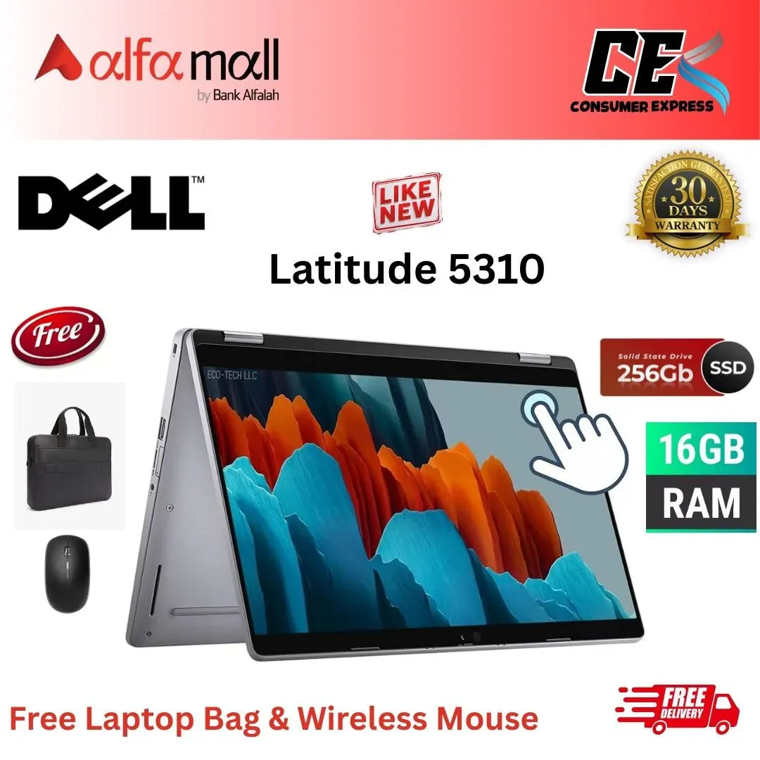 Dell Latitude 5310 2in1 ,Core i5 10th Gen, 16 GB RAM, 256 GB SSD, Touchscreen 13.3 Inch Display, Free Bag & Hp Wireless Mouse (Like New) - (Other Bank)