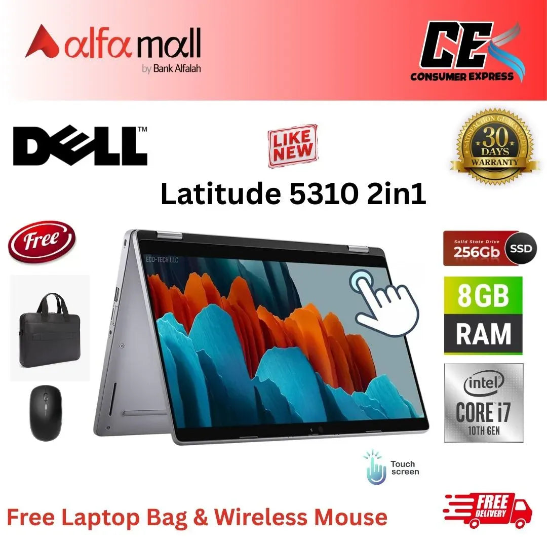 Dell Latitude 5310 2in1 ,Core i7 10th Gen, 8GB RAM, 256GB SSD, Touch X360 13.3 Inch Display, Free Bag & Hp Wireless Mouse (Like New) - (Other Bank)