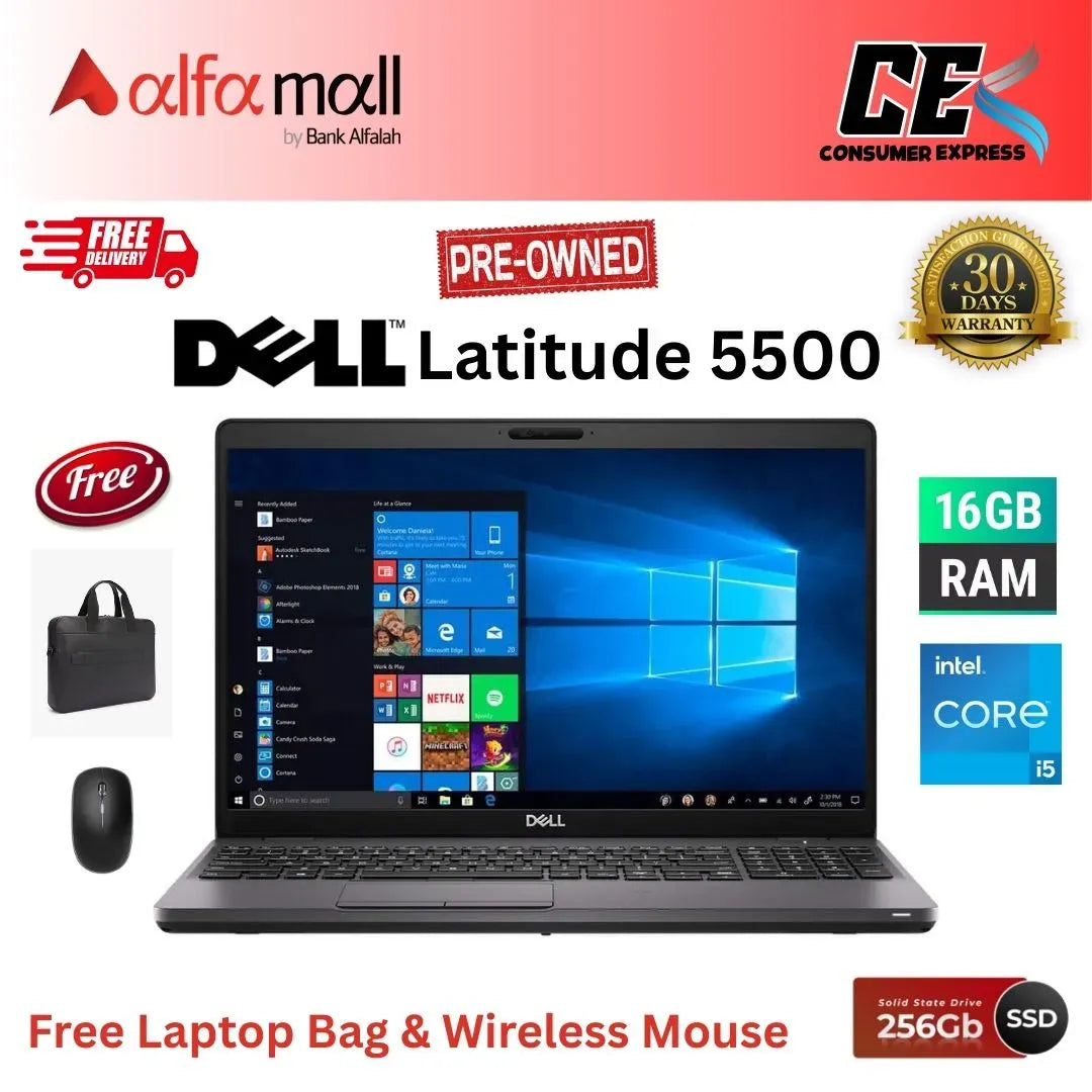 Dell Latitude 5500 ,Core i5-8th Gen, 16GB RAM, 256 GB SSD, 15.6 Inch Display, Free Bag & Hp Wireless Mouse (Like New) - (Other Bank)