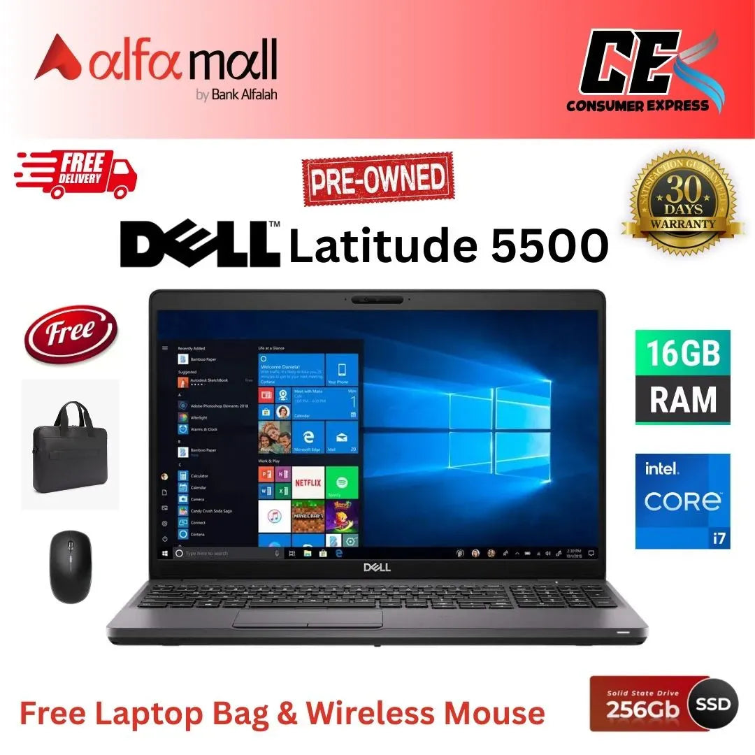 Dell Latitude 5500 ,Corei7 8th Gen, 16GB RAM, 256 GB SSD, 15.6 Inch Display, Free Bag & Hp Wireless Mouse (Like New) - (Other Bank)