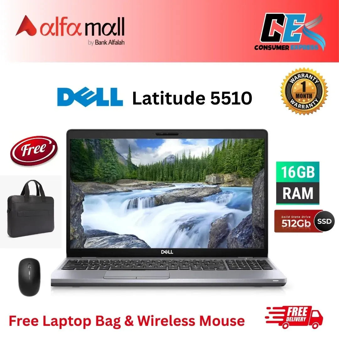 Dell Latitude 5510,Intel Core i5-10310U 10th Gen, 16GB Ram, 512GB NVMe SSD, 15.6 Inch Display, Free Bag & Hp Wireless Mouse (Like New) - (Other Bank)